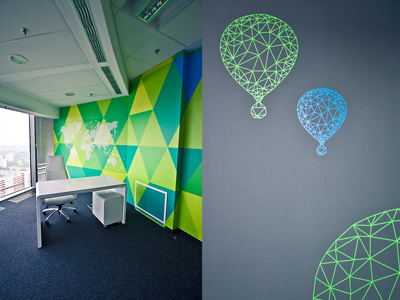 Sky Tower Interior 1 balloons cyan green interior interior design office space polygons triangle wallpaper design