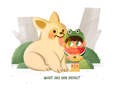 What are you doing? animal children cute illustration kids watermelon