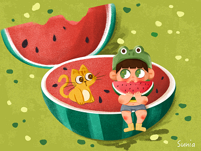 Let me taste it boy cat children cute design illustration kids watermelon