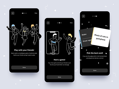 Cards Game for Friends card game cards dark theme dark ui friends fun game humour illustration mobile app onboarding ui ux