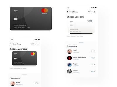 A debit card design and recent transaction UI interface