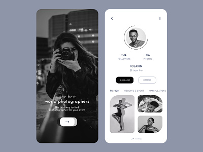 A splash and profile page UI design for a social platform app app design avatar photo photography print profile page social network ui uidesign
