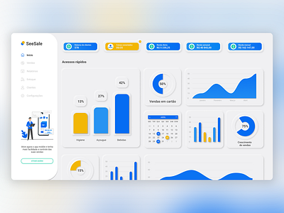 Menu e dashboard (SeeSale - Facilidade e controle de vendas) calendar dashboard finance graphic illustraion infographic interaction design menu money product design sale sales ui ux