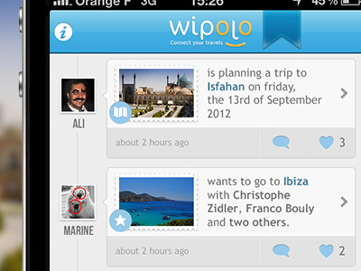 Activity feed proposition activity activity feed friends holiday ibiza iphone iphone ui isfahan newsfeed travel trip ui wipolo