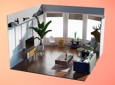 Thirty something bachelor domain. 3d blender couch illustration modeling render room whisky xbox
