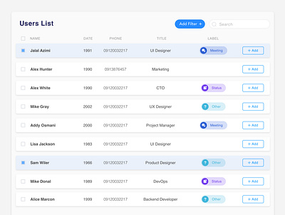 Table view card component filter search table users