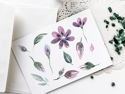 Watercolor Set of Leaves and Flowers