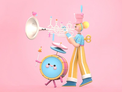 Happy New Year 2021 3d 3d art 3d artist band character colors dribbble best shot drums happy new year illustration illustration art kawai kawaii kawaii art love music trumpet ui ui ux web