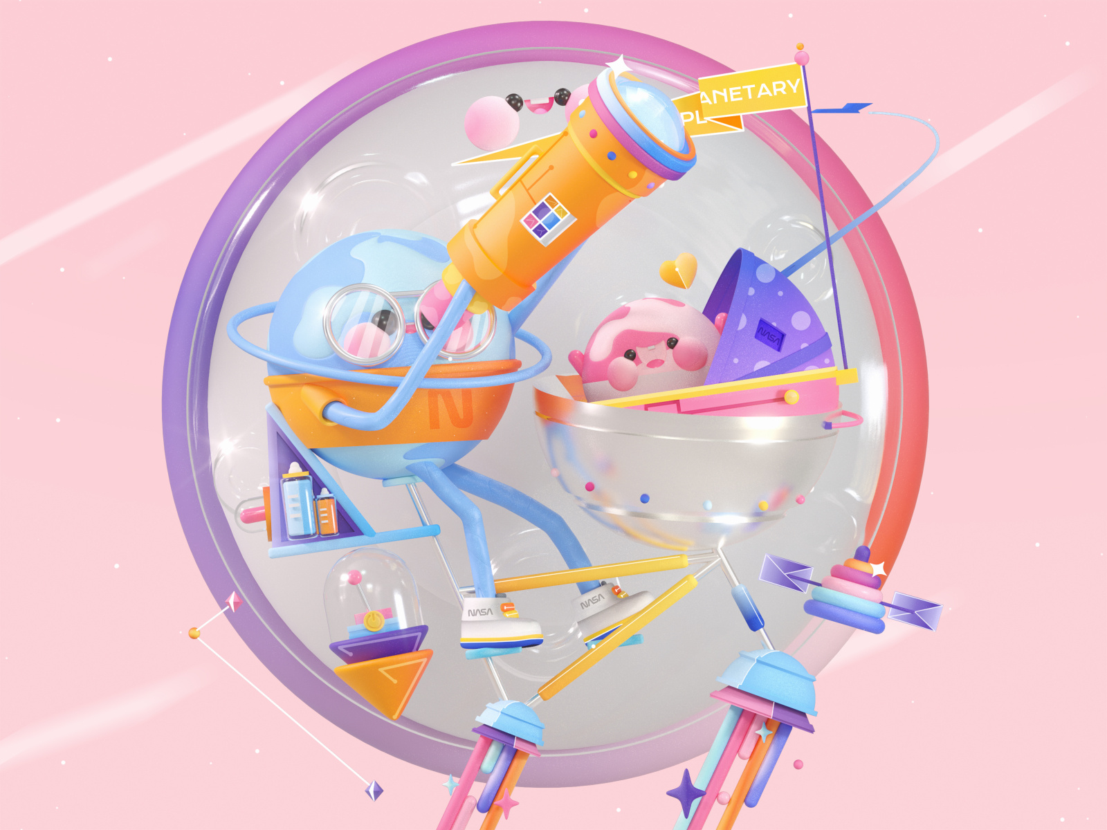 Planetary Travel 3d 3d art bicycle character colors design dribbble best shot future futuristic illustration kawai kawaii kawaii art love planet planetary planets travel universe world