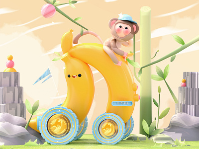 “Banana Car” Letter N 3d 3d art 3d artist banana car cartoon character colors design dribbble illustration illustration art kawai kawaii kawaii art love monkey nike plant plants