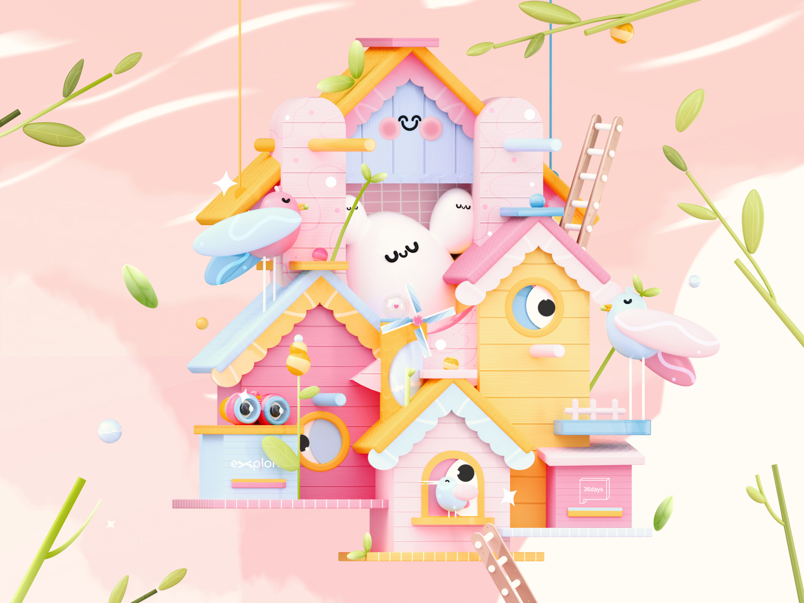 "Houses of Love" Letter U 3d 3d art 3d artist 3d illustrations bird house birds character colors dribbble best shot eggs fruits house illustration kawai kawaii kawaii art love lovebirds nature art plants