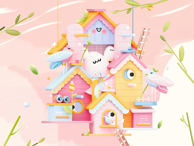 “Houses of Love” Letter U 3d 3d art 3d artist 3d illustrations bird house birds character colors dribbble best shot eggs fruits house illustration kawai kawaii kawaii art love lovebirds nature art plants