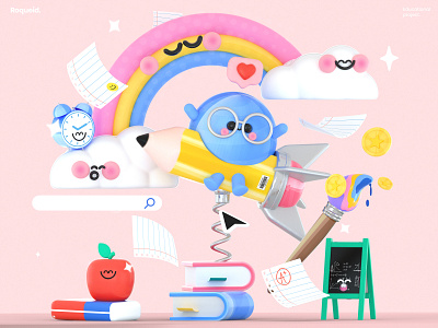 Kawaii Educational Dream 3d 3d art apple baby books character colors dreams dribbble educational graphic design illustration kawai kawaii kawaii art love rainbow school ui world