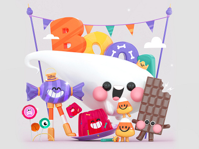 Candy Boo! 3d 3d art boo! candy character characters colors design dribbble ghost halloween illustration kawai kawaii party pumpkin spooky trickortreat ui webdesign