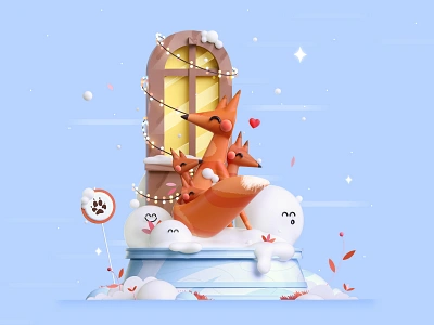 Winter fox family 3d 3d art animals character characters cute digital art family fox fox character foxy games illustration kawai kawaii mascot design snowy ui web winter