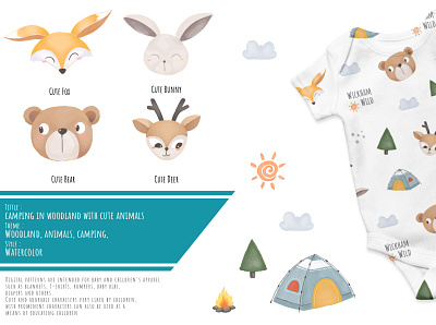 Camping In the Woodland with Cute Animlas adorable animal baby bear bunny children cute deer design fabric forest fox illustration kids pattern print seamless watercolor woodland