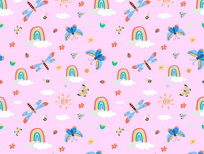 Kids Pattern with the concept of insects animal baby bee beetle butterfly child cute decoration design fabric funny hand drawn happy kids pattern print rainbow seamless seamless pattern textile