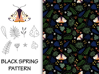 Black Spring pattern with moth in the garden animal background black butterfly fabric floral flowers moth pattern patterns plant print seamless pattern spring summer wallpaper