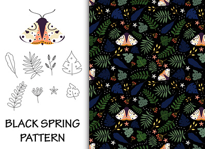 Black Spring pattern with moth in the garden animal background black butterfly fabric floral flowers moth pattern patterns plant print seamless pattern spring summer wallpaper