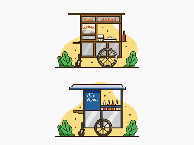 Mie Bakso vs Mie Ayam 😋 flat food cart gerobak illustration indonesia vector