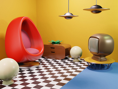 Retro interior 3d design illustration retro room ufo