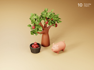 Pig | Everyday object 3d animal apple farm illustration tree