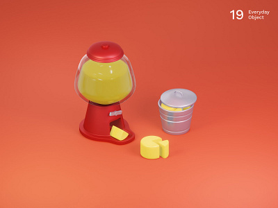 Machine | Everyday object 3d cake gumball gumball machine illustration red trashcan yellow