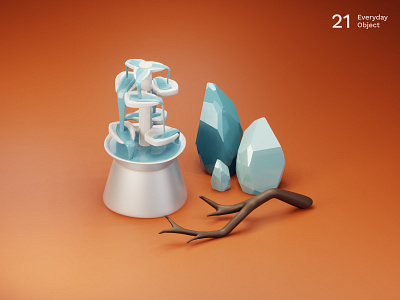 Fountain | Everyday object 3d branch crystals fountain illustration wood