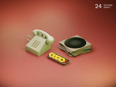 Retro | Everyday object 3d fruits illustration phone red vintage vinyl