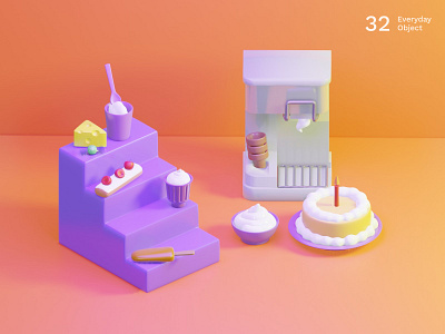 Still life 6 | Everyday object 3d afternoon tea bright colors cake cheese cream creamy desserts gradient ice cream illustration machine purple sweets