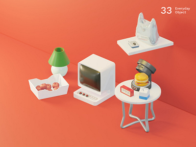Still life 7 | Everyday object 3d breakfast colors computer contrast fruit furniture groceries home illustration lamp morning peach red retro room work