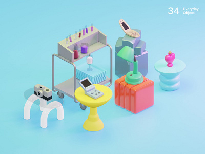 Still life 8 | Everyday object 3d blue bottles bright colors camera colors contrast furniture game illustration laboratory lamp mobile room