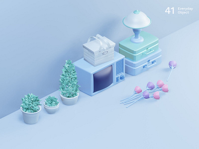 Still life 15 | Everyday object 3d abstract colors flowers illustration livingroom plants tv winter