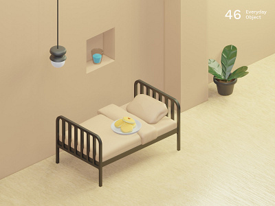 Bedroom | Everyday object 3d bed bedroom breakfast colors composition illustration interior morning plant warm