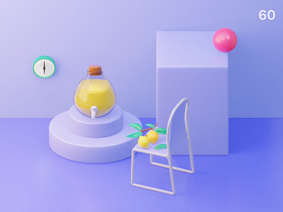Lemon | Everyday object 3d 3d scene clock colors composition illustration interior design juice bar purple still life