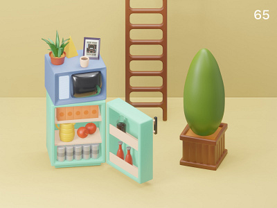 Still life 29 | Everyday object 3d colors composition illustration plants refrigerator tv