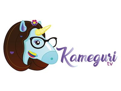 Kameguri Tv Logo blue design flower glasses hearts illustration logo unicorn woman yellow youtube