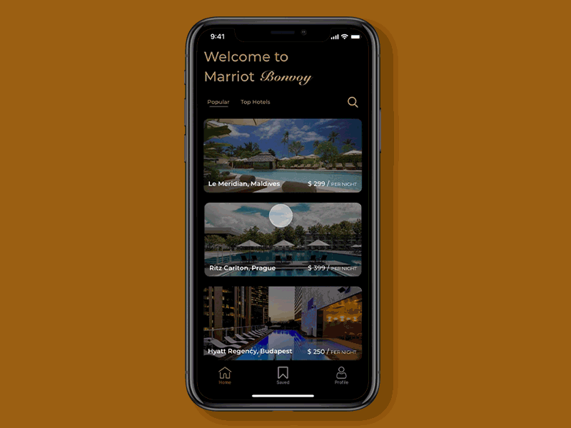 Hotel Concept App : Marriot Bonvoy adobexd animation autoanimate daily dark debuts debutshot design first firstshot firsttry home hotel hotel booking ios ui userinterfacedesign ux