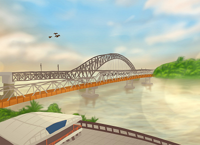 Mahakam Bridge bridge building design draw illustration river tour water