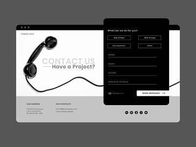 Contact Us black and white contact form contact us contact us page design location phone web website concept website design