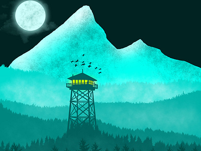 Firewatch Night Flat Illustration