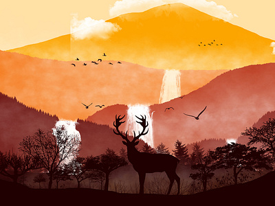 Sillhouette Deer and Landscape Illustration