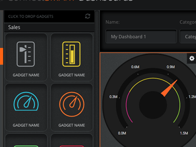 Dashboard editor charts dark dashboards data visualization gadgets gauges grid icons layout ui ux