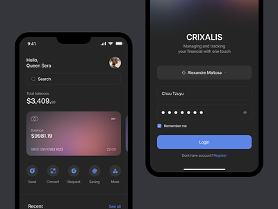 Crixalis - Mobile Bank app design bank banking banking apps buy card coin credit card design finance fintech mobile money payment saving split bill transaction ui ui design uiux