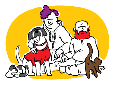 My fur-fam and me beard cartoon cat dog family illustration portrait