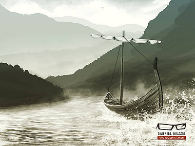 Work in progress: The Last Voyage of the Skundelev art artist black white boat digital art digital paint digital painting fantasy focal distance illustration illustrator painting practice river vikings water