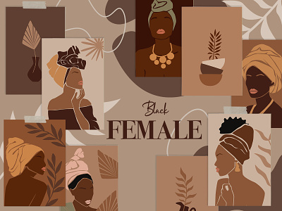 Black FEMALE. Abstract graphic collection african woman beautiful woman black woman decoration female instagram story leaf poster vector art woman woman portrait