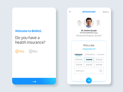 Bewell Health app booking doctor health app health insurance hospital insurance ios material minimal slot