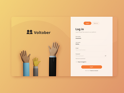 Volunteer organization log in screen concept 3d concept dailyui log in log in form orange sign up support wave yellow