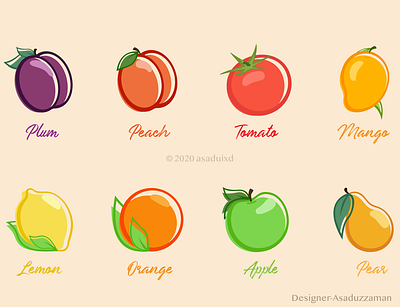8 Fruits Icon Pack apple asaduixd draw fruit illustration fruits icon iconic illustration lemons orange tomato vector